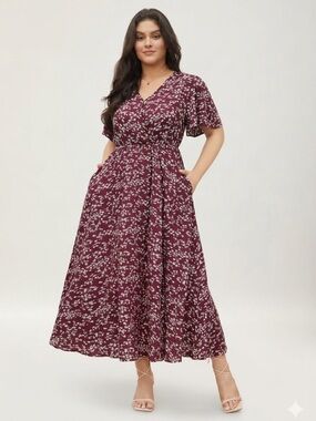 BloomChic Ditsy Floral Wrap Maxi Dress -in Burgundy size 1X (14-16)
